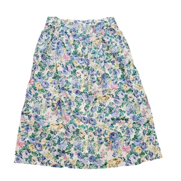 Vtg Floral Cottagecore Midi Skirt Women 14 Pastel Grandma Elastic Button Up Boho - Picture 1 of 8